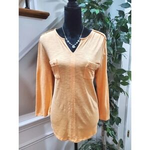 Chico's Women's Orange Solid Cotton Long Sleeve V-Neck Casual Top Blouse Size L
